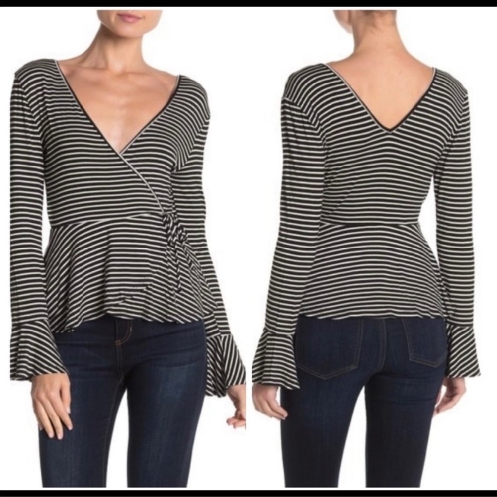 Nordstrom Good Luck Gem Striped Black and White‎ Faux Wrap Top